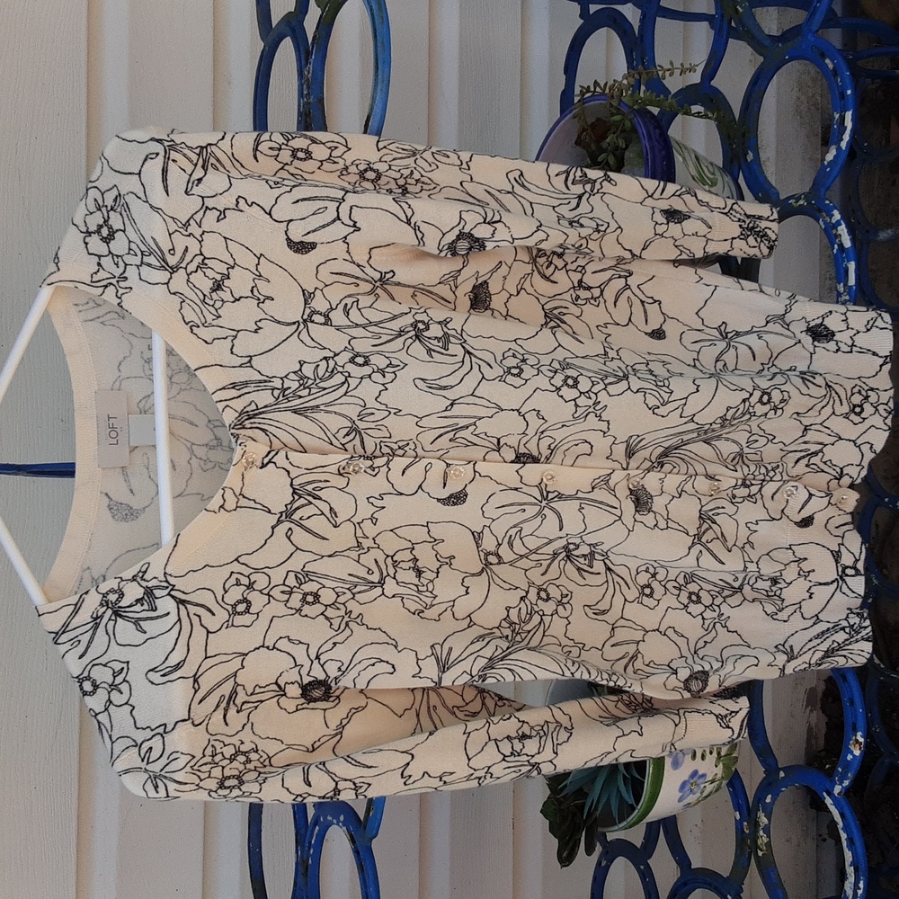 Loft button up sweater, cream. with black flowers, size S.